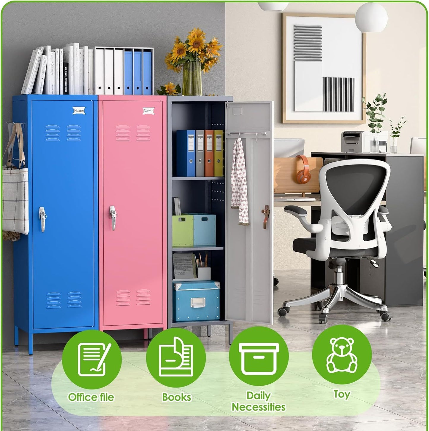 Colorful lockers in a room with office furniture and decor.