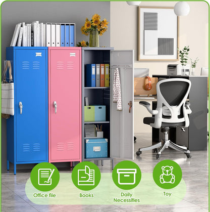 Colorful lockers in a room with office furniture and decor.