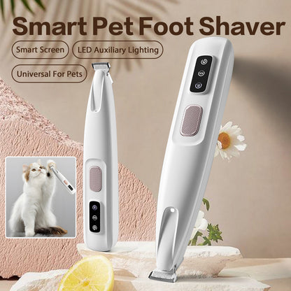 Smart Pet Foot Shaver with features listed on a beige background