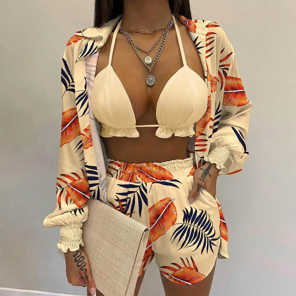 Women's Printed Beachwear Swimsuit Three Piece Set