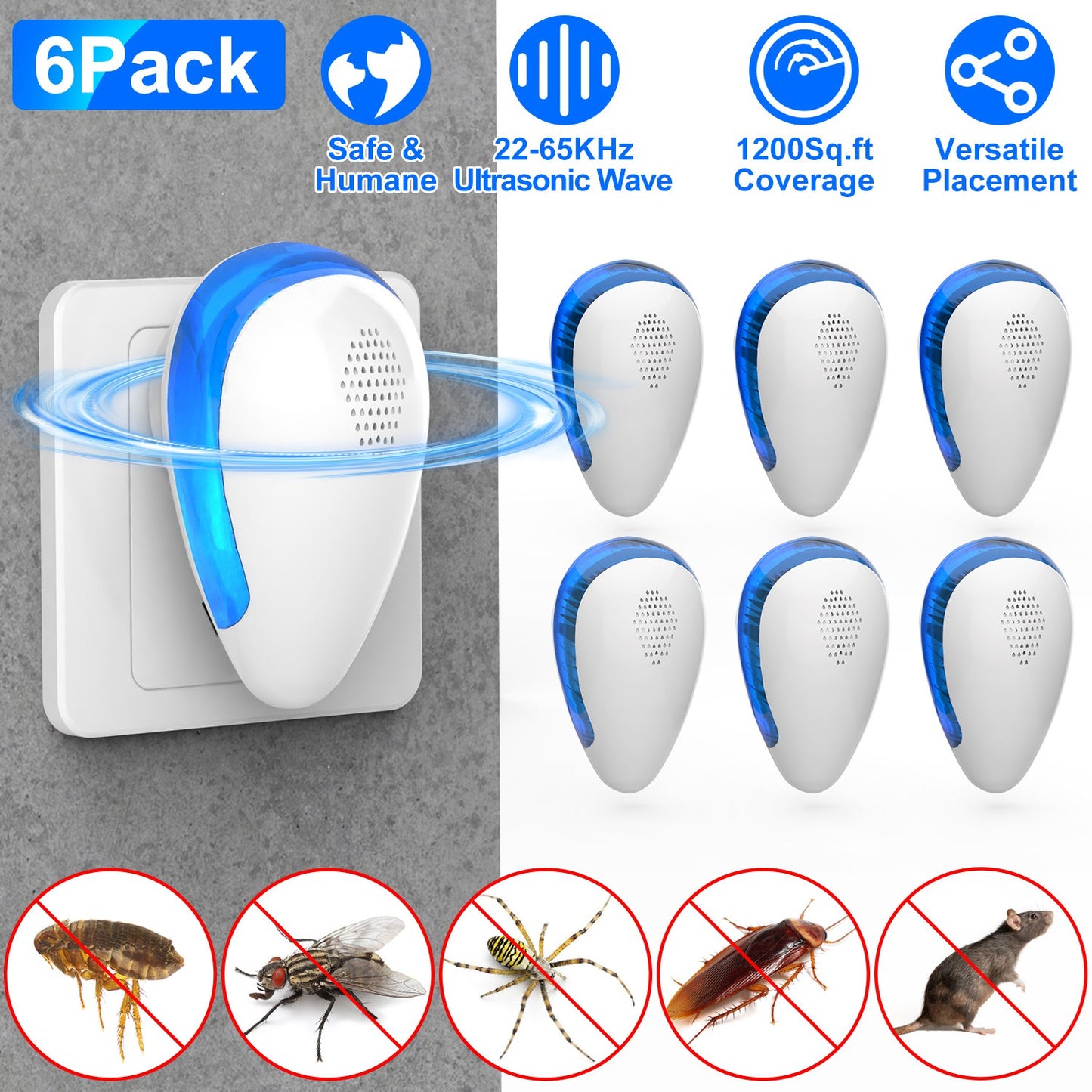 6 Pack Ultrasonic Pest Repeller Indoor Plug In Bug Repellent Mosquito Spider Ant Roaches Mice Control For Bedroom Garage Warehouse Office