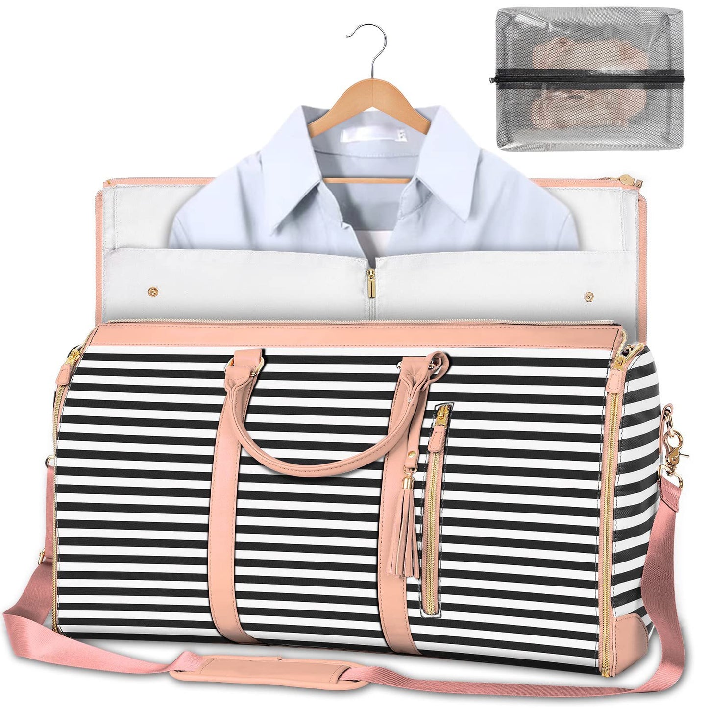 Striped travel bag with pink accents and a shirt on a hanger inside, against a white background.