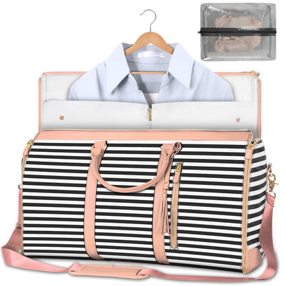 Striped travel bag with pink accents and a shirt on a hanger inside, against a white background.