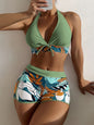 Women's Split High Waist Boxer Tie Print Solid Color Swimsuit