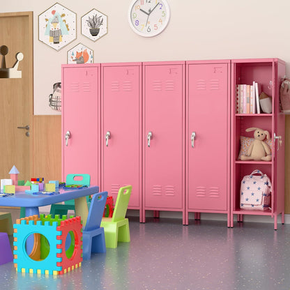 Pink lockers in a children's room with toys and books.