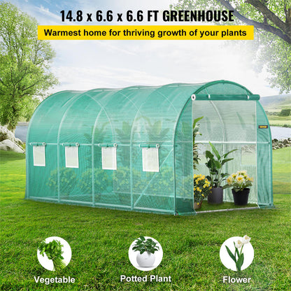 VEVOR Walk-in Tunnel Greenhouse, 15 X 7 X 7 Ft Portable Plant Hot House W Galvanized Steel Hoops, 1 Top Beam, Diagonal Poles, Zippered Door & 8 Roll-up Windows, Green