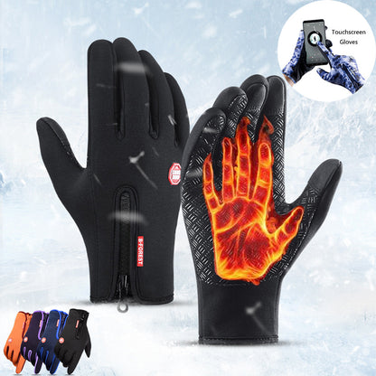 Black touchscreen gloves with flame design on a snowy background