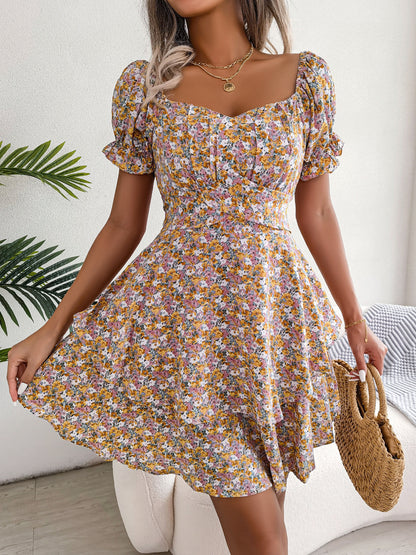 Vestido mini de mujer, temperamento, gran vuelo, dobladillo suelto, estampado de flores, fruncido, vestido de manga corta, cintura alta, vestido de verano, ropa