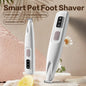 Smart pet foot shaver with features listed on a soft background
