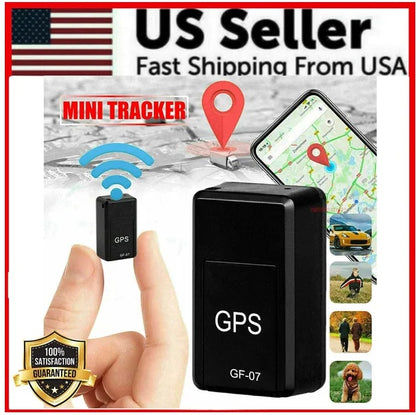 GPS tracker with smartphone app, hand holding tracker, and map icons on a white background.