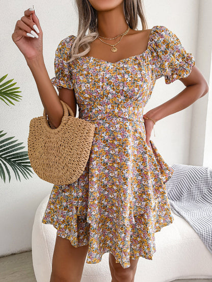 Vestido mini de mujer, temperamento, gran vuelo, dobladillo suelto, estampado de flores, fruncido, vestido de manga corta, cintura alta, vestido de verano, ropa