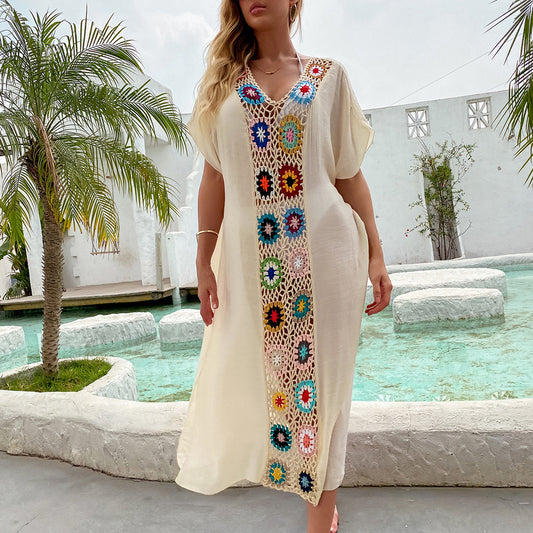 Hook Flower Stitching Irregular Slit Sun Protection Beach V-neck Dress