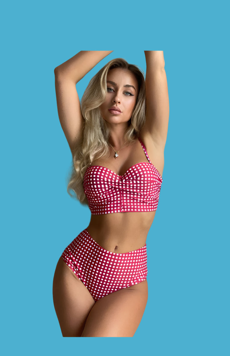 Bikini Swimsuit Female Sexy Plaid Split High Waist