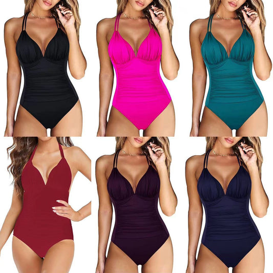Solid Color Halter Thin Bikini One-piece Swimsuit
