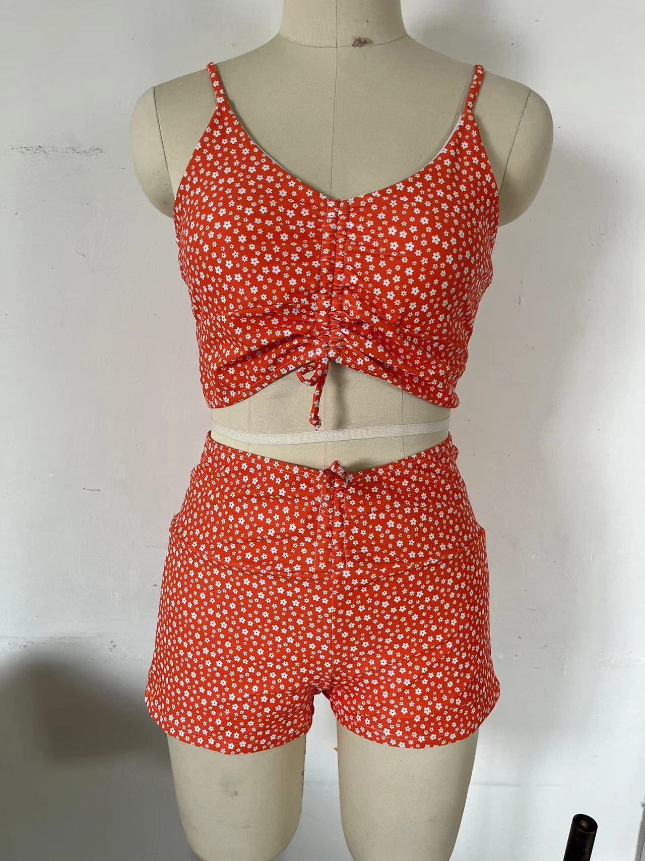 Printed Multicolor Conservative Boxer Pleating Split Swimsuit