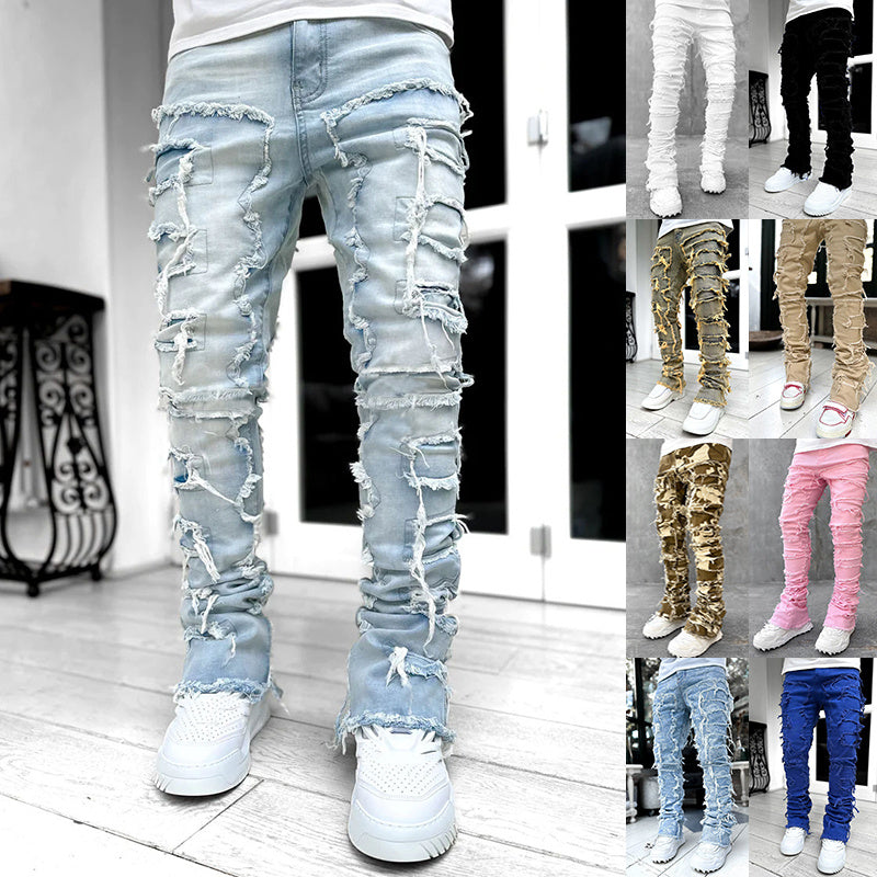 Trousers Individual Patched Pants Long Tight Fit Stacked Jeans For stylish look