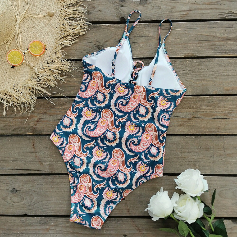 Deep V Tie One Piece Swimsuit Flower Print