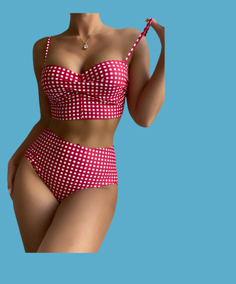 Bikini Swimsuit Female Sexy Plaid Split High Waist