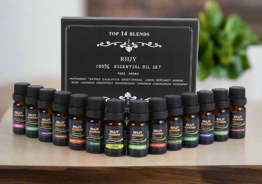 14 essenial oils rose, lavender, cinnamon, sweet orange, tea tree, lemon, peppermint, grapefruit, eucalyptus, jasmine, rosemary, lemongrass, frankincense, bergamot? 