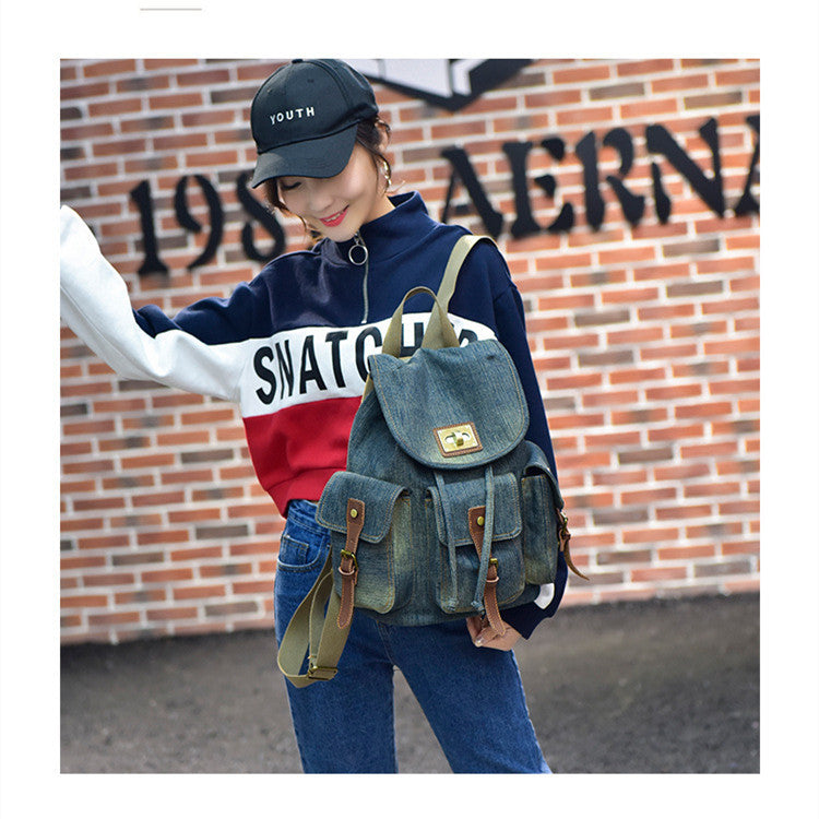 Backpack Retro Denim Backpack Female Drawstring Pocket