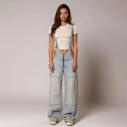 Zipper Denim Overalls With Pockets Fashion Loose Suspender Jumpsuit Streetwear Jeans Pants Womens Clothing