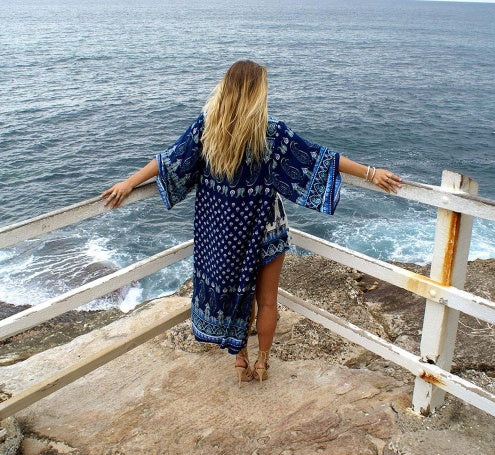 Chiffon Kimono Vintage Floral Cardigan Boho Loose Beach Shawl Long Tops Blouse Shirt Bikini Cover up Sunscreen