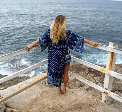 Chiffon Kimono Vintage Floral Cardigan Boho Loose Beach Shawl Long Tops Blouse Shirt Bikini Cover up Sunscreen