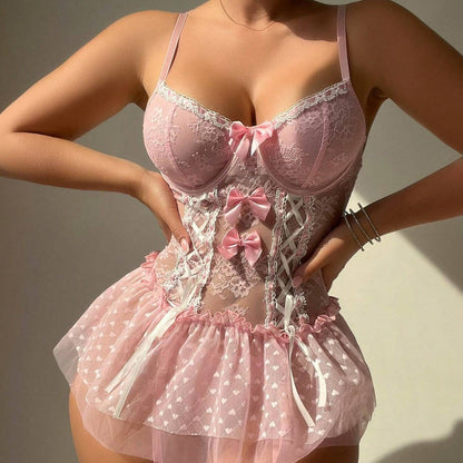 Sexy Steel Ring Push Up Temptation Transparent Mesh Bow One-piece Sexy Lingerie