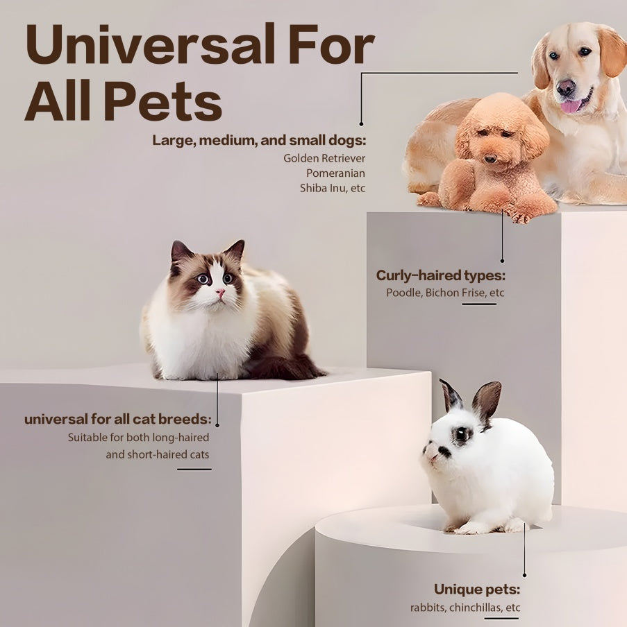 Advertisement for pet products or services featuring a dog, cat, and rabbit on a neutral background.