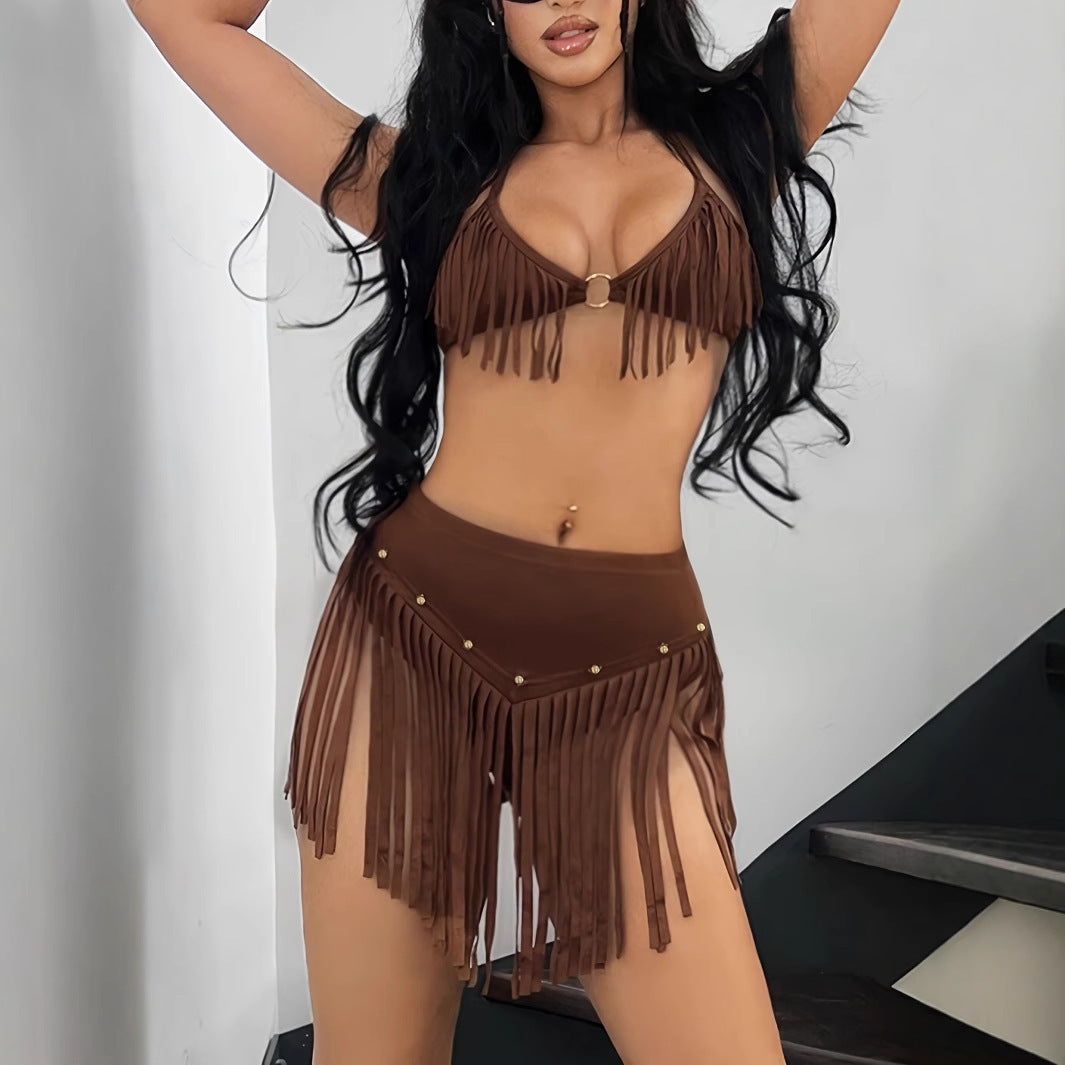 Women's Holiday Style Tassel Hanging Neck Backless Vest Set