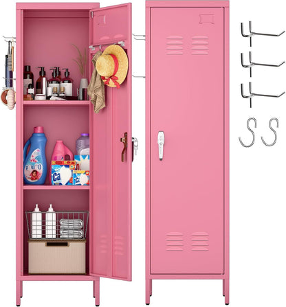 Pink locker with various items inside, including cleaning supplies and a hat.