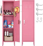 Pink locker with various items inside, including cleaning supplies and a hat.