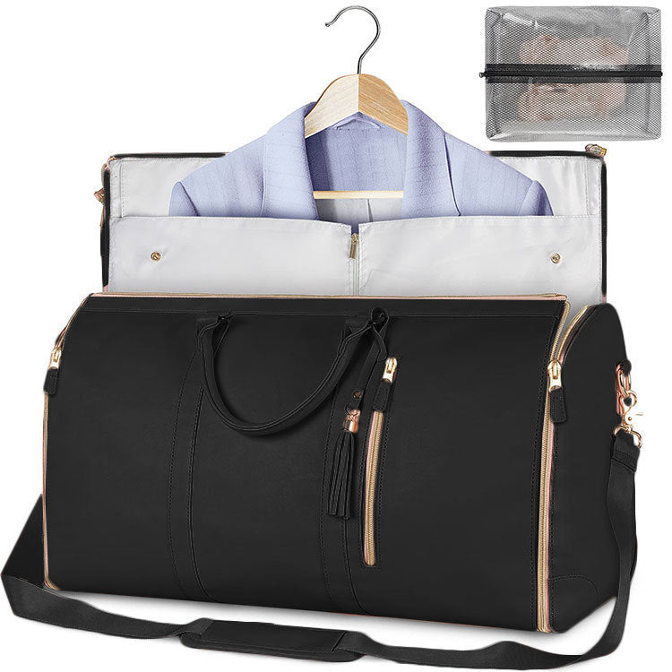 Black duffel bag with a shirt on a hanger and a clear pouch inside, on a white background.