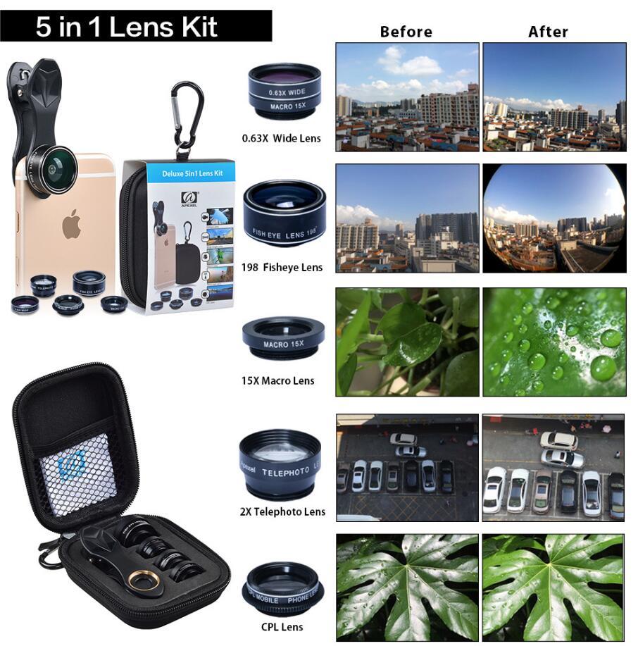 APEXEL Phone Lens Kit Universal 10 In 1 Fisheye Wide Angle Macro Lens CPL Filter Kaleidoscope 2X Telescope Lens For Smartphone