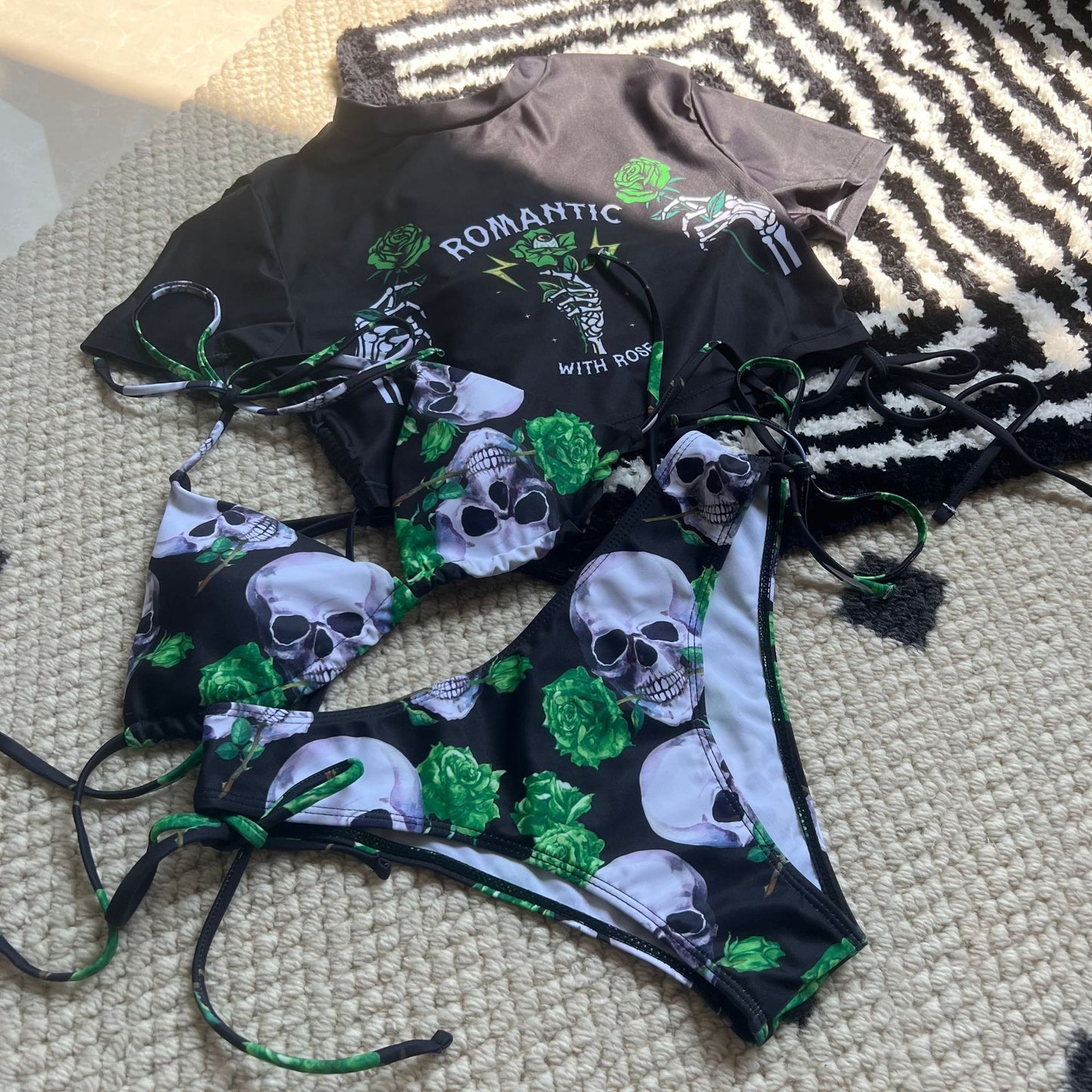 New Sexy Skull Rose Printed Three-piece Set Swimwear Swimsuit Bikini