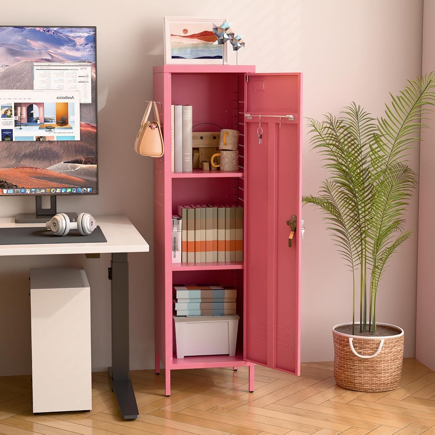 Pink metal cabinet with books and a plant next to a desk with a computer monitor.