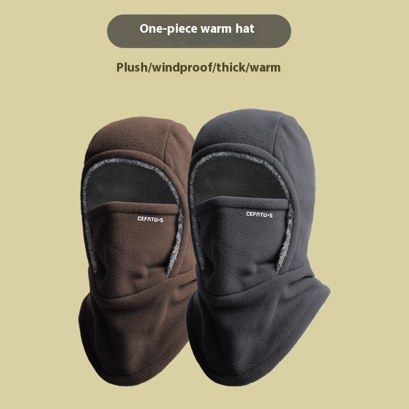 Two balaclavas, one brown and one black, on a beige background with 'Cefaturs' branding.
