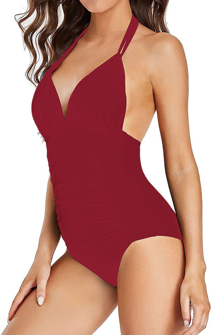 Solid Color Halter Thin Bikini One-piece Swimsuit