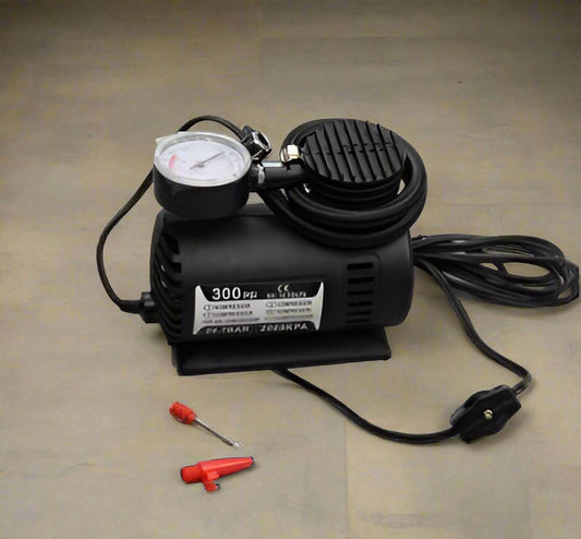 12v air compressor with 9 ft. power cord and it's for small car tires and balls rafts bikes 