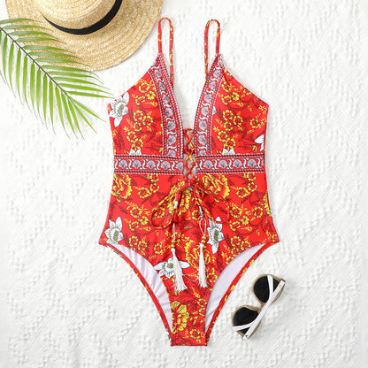 Deep V Tie One Piece Swimsuit Flower Print