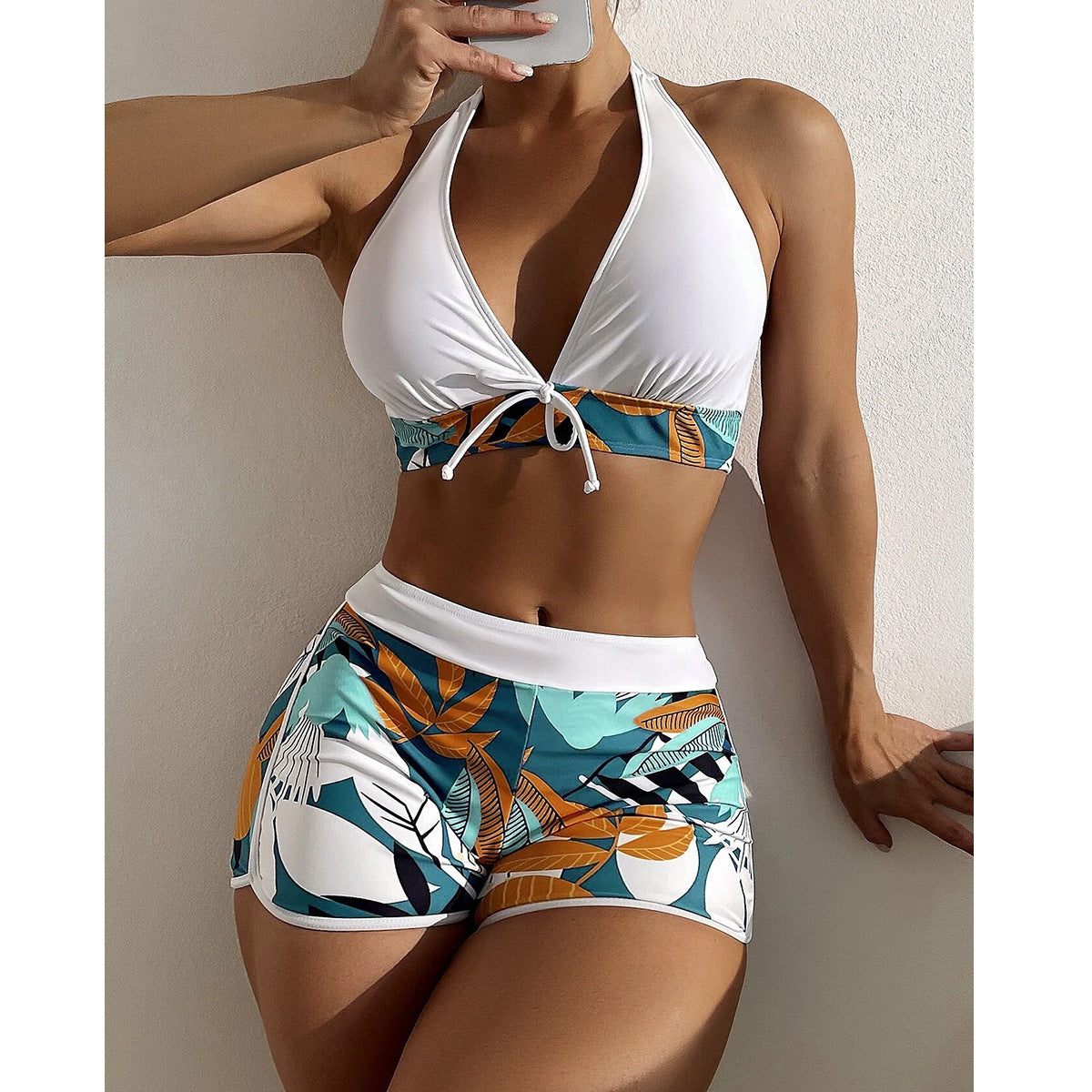 Women's Split High Waist Boxer Tie Print Solid Color Swimsuit