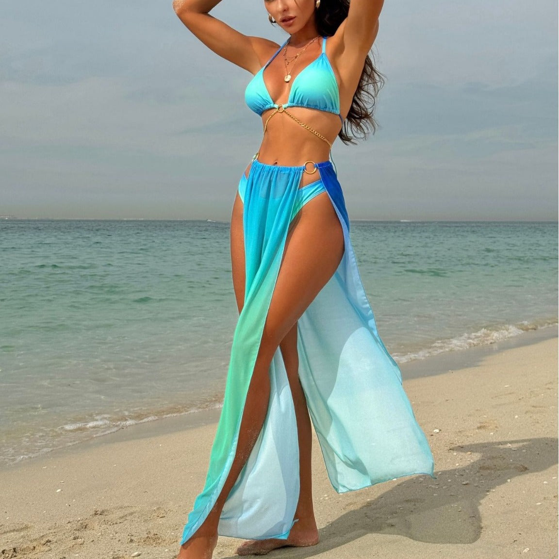 Women's Drawstring Banded Bikini Three-piece Swimsuit