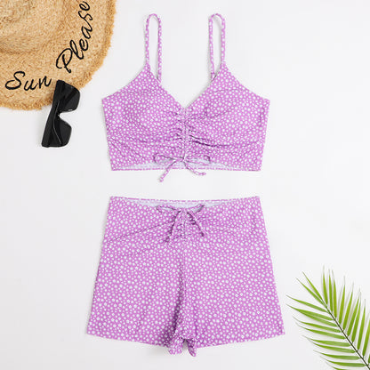Printed Multicolor Conservative Boxer Pleating Split Swimsuit