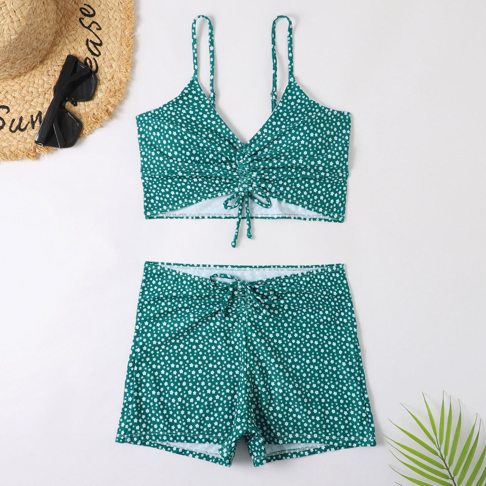 Printed Multicolor Conservative Boxer Pleating Split Swimsuit