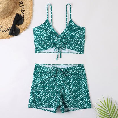 Printed Multicolor Conservative Boxer Pleating Split Swimsuit
