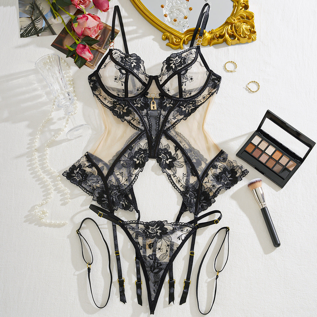 Bra Set Mesh See-through Thin Lace Seduction Underwear Underwear Three-piece Set