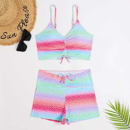 Printed Multicolor Conservative Boxer Pleating Split Swimsuit