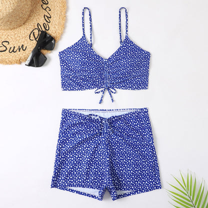 Printed Multicolor Conservative Boxer Pleating Split Swimsuit