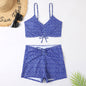 Printed Multicolor Conservative Boxer Pleating Split Swimsuit