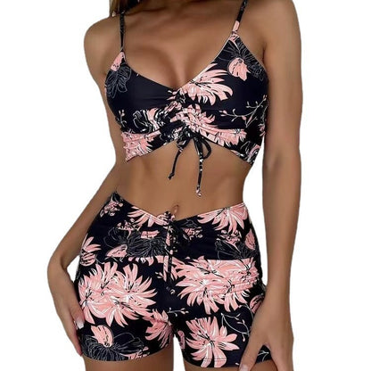 Printed Multicolor Conservative Boxer Pleating Split Swimsuit